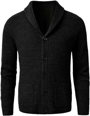 Adhdyuud Men's Shawl Collar Cardigan Sweater Slim Fit Cable Knit Button Up Black Merino Wool Sweaters