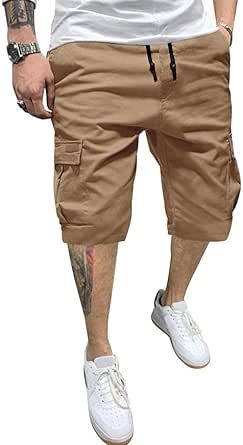 JMIERR Mens Casual Twill Cargo Shorts Cotton Drawstring Classic Cargo Stretch Short with 6 Pockets