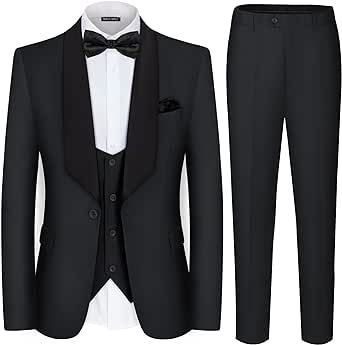 MAGE MALE Men's 3 Piece Suit Shawl Collar Slim Fit Elegant Tuxedo Solid One Button Wedding Party Blazer Vest Pants Set
