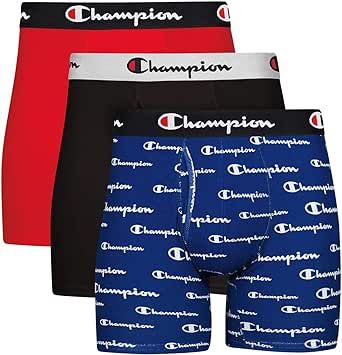 Champion mens Cotton Stretch Boxer Briefs, Blue White Script Logo/Black/Red, Large US