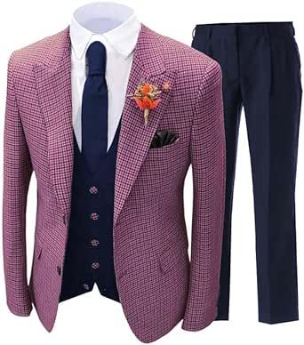 Mens Suit Slim Fit,3 Piece Suits for Men Vintage Plaid Suits Jacket Vest Pants for Wedding Prom