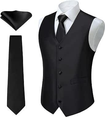 HISDERN 3PC Men's Paisley Floral Jacquard Suit Vest & Necktie and Pocket Square Formal Waistcoat for Tuxedo Wedding Party