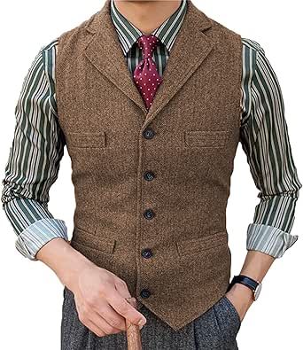 Tuikayoo Men's Tweed Suit Vintage Vest Herringbone Wool Prom Waistcoat Groomsmen