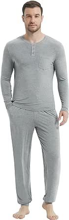 NACHILA Men's Bamboo Pajamas Set Soft Long Sleeve Sleepwear Top & Pants Pjs S-XXL