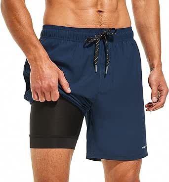 HODOSPORTS Mens Swimsuit Trunks 7" Quick-Dry Swim Shorts with Compression Liner and Zipper Pockets