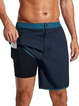 SILKWORLD Mens 2 in 1 Swim Trunks Quick Dry 7 Inch Beach Shorts with Compression Liner and Pockets