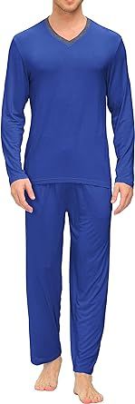 JINSHI Men's Pajama Sets Long Sleeve V Neck 2 Piece Mens Loungewear Sets Sleepwear Pants with Pockets Lightweight Quick Dry