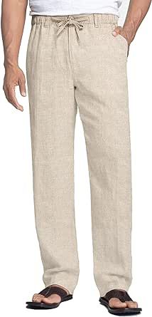 COOFANDY Men's Casual Linen Pants Elastic Waist Drawstring Beach Summer Pants Lightweight Linen Trousers