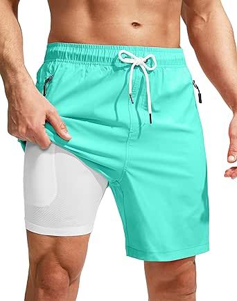 Viodia Men's Swim Trunks with Compression Liner Quick Dry Board Shorts Swimsuit Swimwear for Men with Zipper Pockets