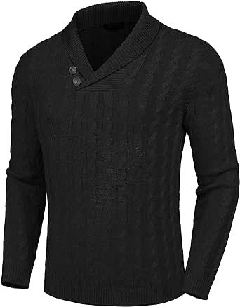 COOFANDY Men's Shawl Collar Pullover Sweater Slim Fit Casual Button Cable Knit Sweaters