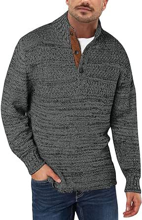 Aoysky Men's Stand Collar Sweater Thermal Button Pullover Sweater Tops Henley Knit Sweaters