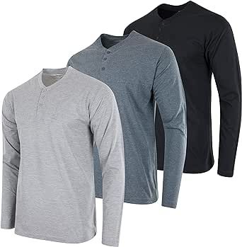 Real Essentials 3 Pack: Men's Cotton Short & Long Sleeve Henley T-Shirt Performance Activewear (Available in Big & Tall)