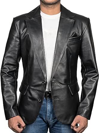 HIGOBO Genuine Lambskin Black Leather Blazer for Men Overcoat Casual Blazer Jacket for Men